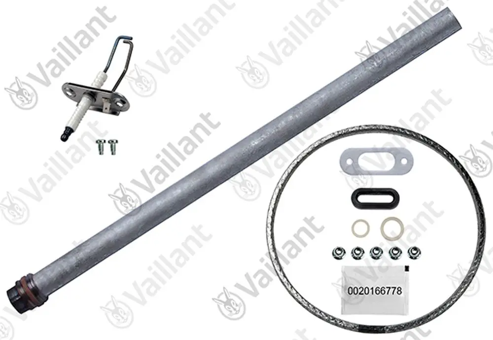 Vaillant Wartungsset bestehend aus einem Rohr, einer Zündelektrode, Dichtungen sowie Schrauben und Befestigungsteilen in übersichtlicher Anordnung.